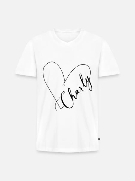 Charly Nom Ligne de Coeur - T-shirt encolure en V Premium bio Homme - blanc