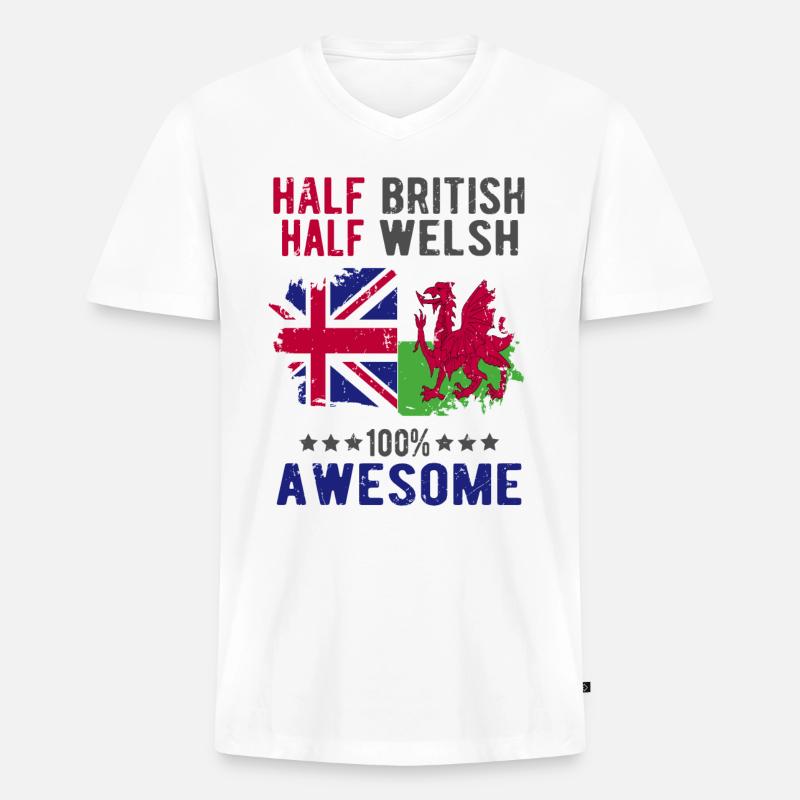 Halb Brite Halb Waliser - Männer Premium Bio T-Shirt mit V-Ausschnitt - Weiß
