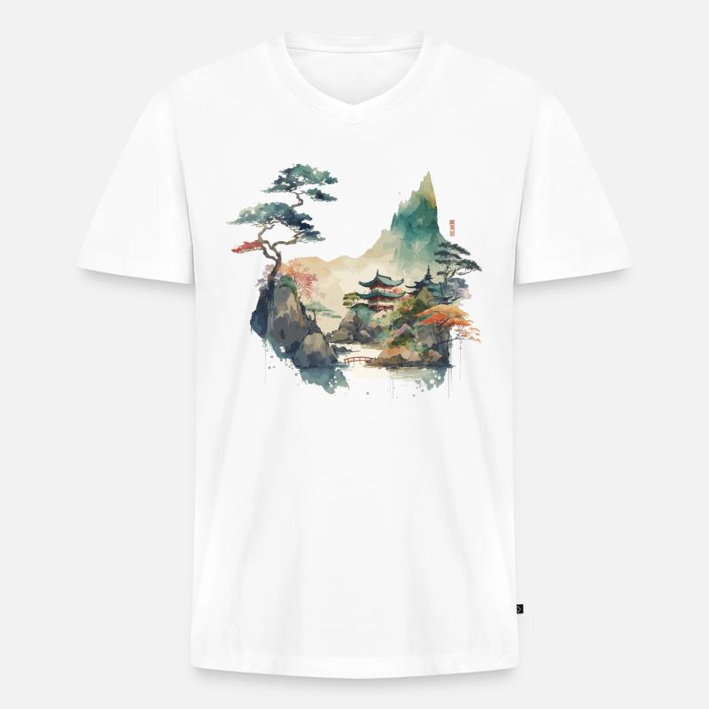 Tempellandschaft - Männer Premium Bio T-Shirt mit V-Ausschnitt - Weiß