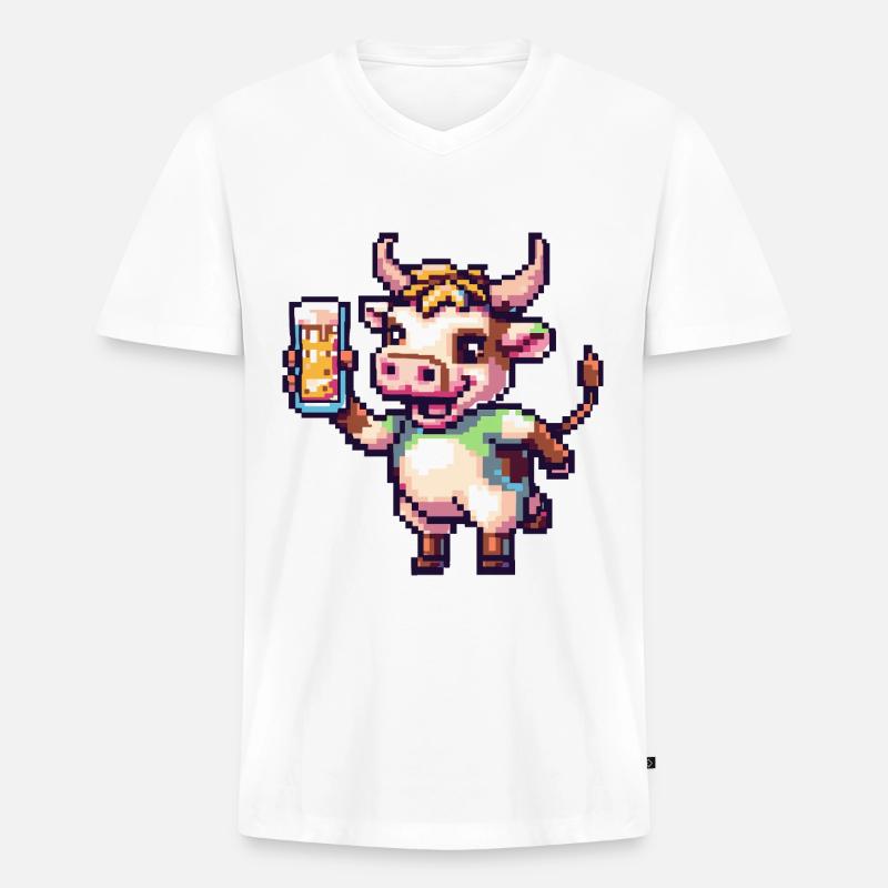 Kuh Pixel Bier - Männer Premium Bio T-Shirt mit V-Ausschnitt - Weiß