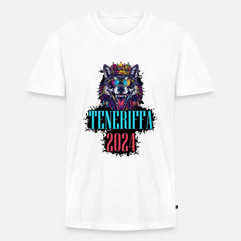 Teneriffa 2024 Urlaub Wolf - Männer Premium Bio T-Shirt mit V-Ausschnitt - Weiß