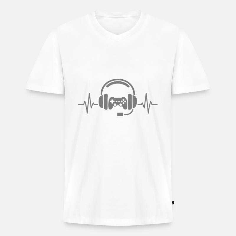 Gaming Herzschlag – Controller & Headset - Männer Premium Bio T-Shirt mit V-Ausschnitt - Weiß