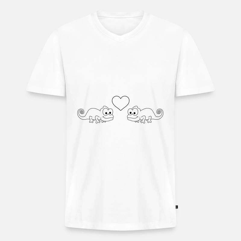 Chamäleon Comic Paar liebe - Männer Premium Bio T-Shirt mit V-Ausschnitt - Weiß