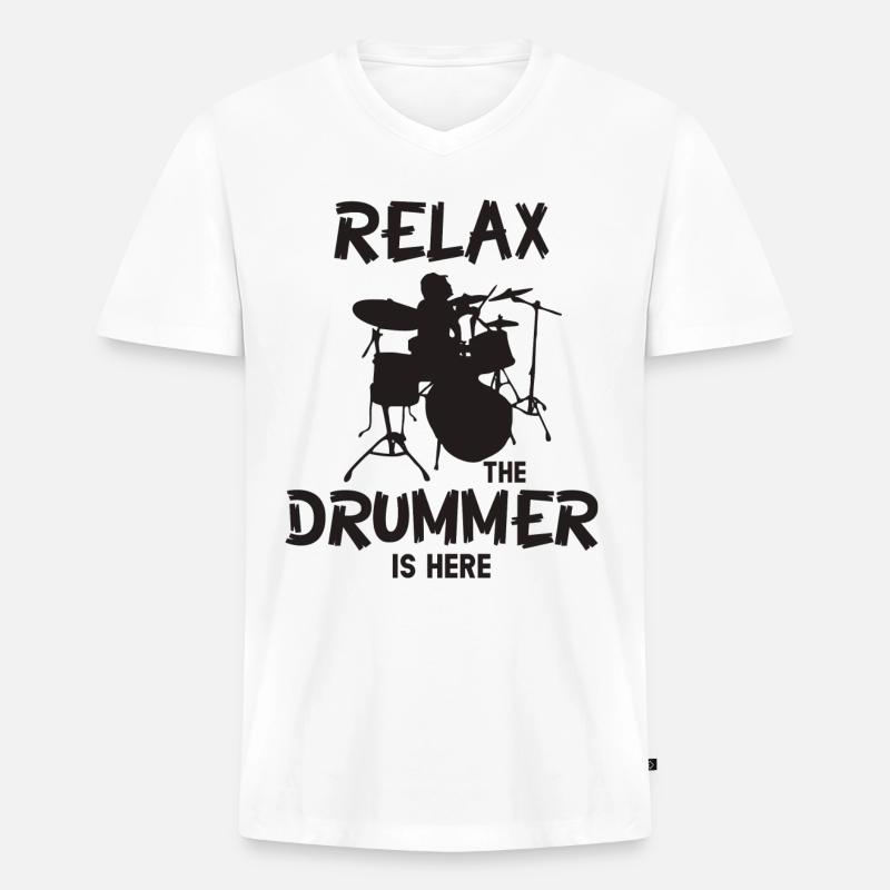Relax The Drummer Is Here - Männer Premium Bio T-Shirt mit V-Ausschnitt - Weiß