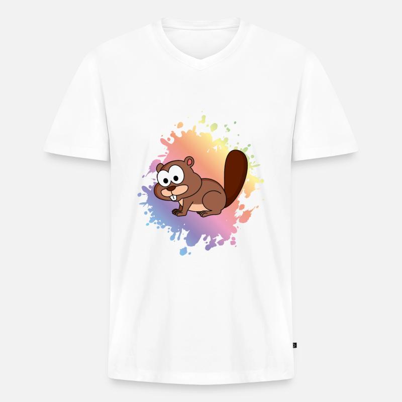 Biber Comic Tier - Männer Premium Bio T-Shirt mit V-Ausschnitt - Weiß