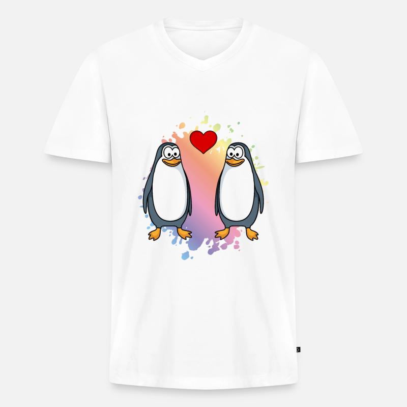 Pinguin Comic Paar Liebe - Männer Premium Bio T-Shirt mit V-Ausschnitt - Weiß