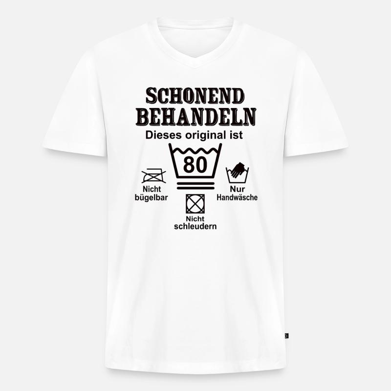Schonend Behandeln Geschenk zum 80. Geburtstag - Männer Premium Bio T-Shirt mit V-Ausschnitt - Weiß