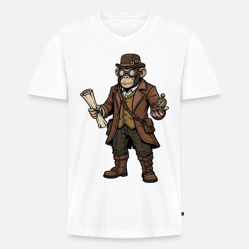Monkey Explorer Steampunk Retro-Abenteuer - Männer Premium Bio T-Shirt mit V-Ausschnitt - Weiß