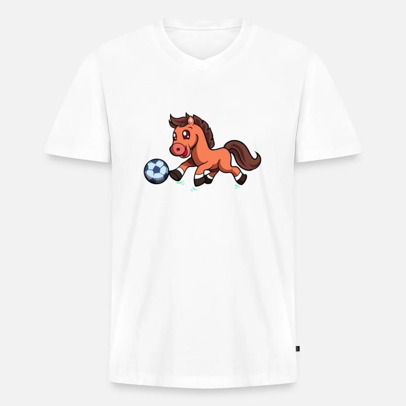 Comic Pferd spielt Fußball - Männer Premium Bio T-Shirt mit V-Ausschnitt - Weiß