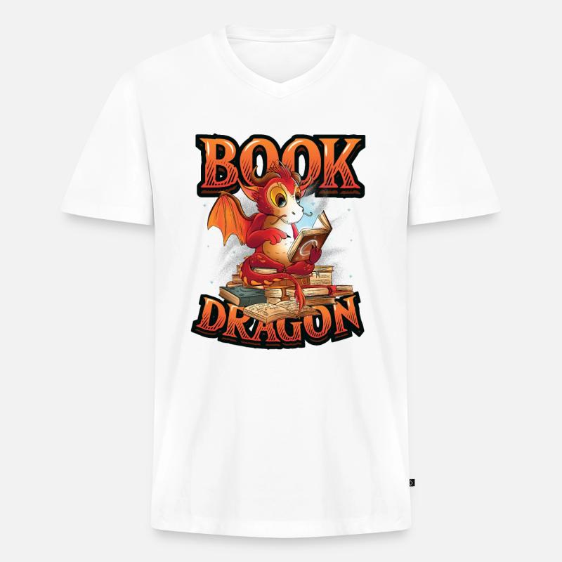 Bücherwurm, Lesebuch, Drache. - Männer Premium Bio T-Shirt mit V-Ausschnitt - Weiß
