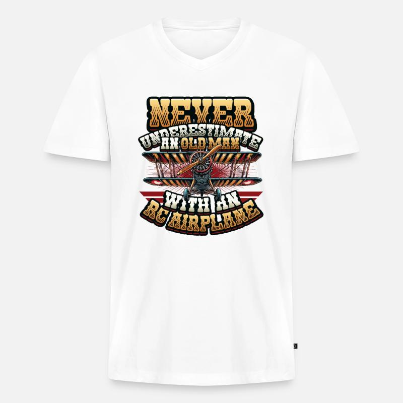 Alter Mann Mit Modellflugzeug - Männer Premium Bio T-Shirt mit V-Ausschnitt - Weiß