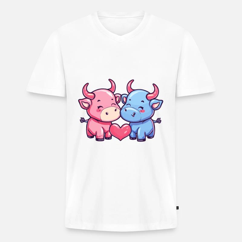 Stier Comic Paar Liebe - Männer Premium Bio T-Shirt mit V-Ausschnitt - Weiß