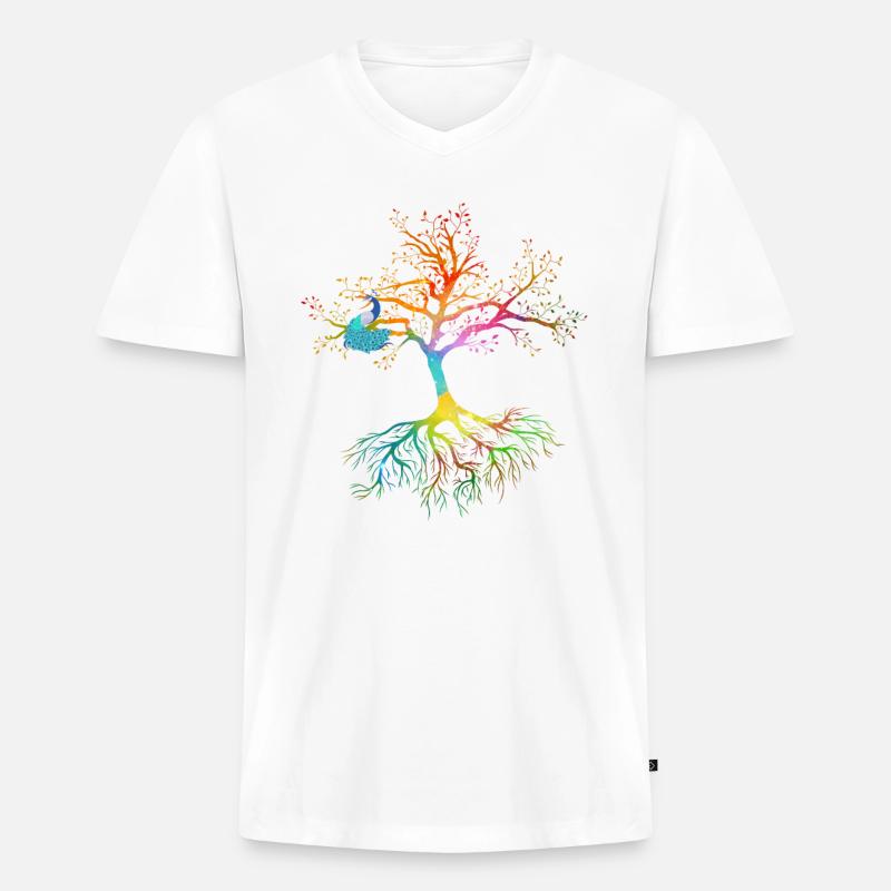 Farbenprächtiger Baum des Lebens mit einem Pfau - Männer Premium Bio T-Shirt mit V-Ausschnitt - Weiß