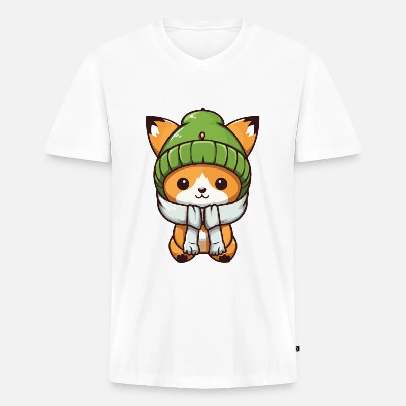 Fuchs Winter Comic - Männer Premium Bio T-Shirt mit V-Ausschnitt - Weiß