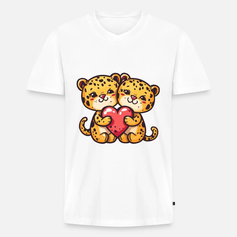 Leopard Comic Paar Liebe - Männer Premium Bio T-Shirt mit V-Ausschnitt - Weiß