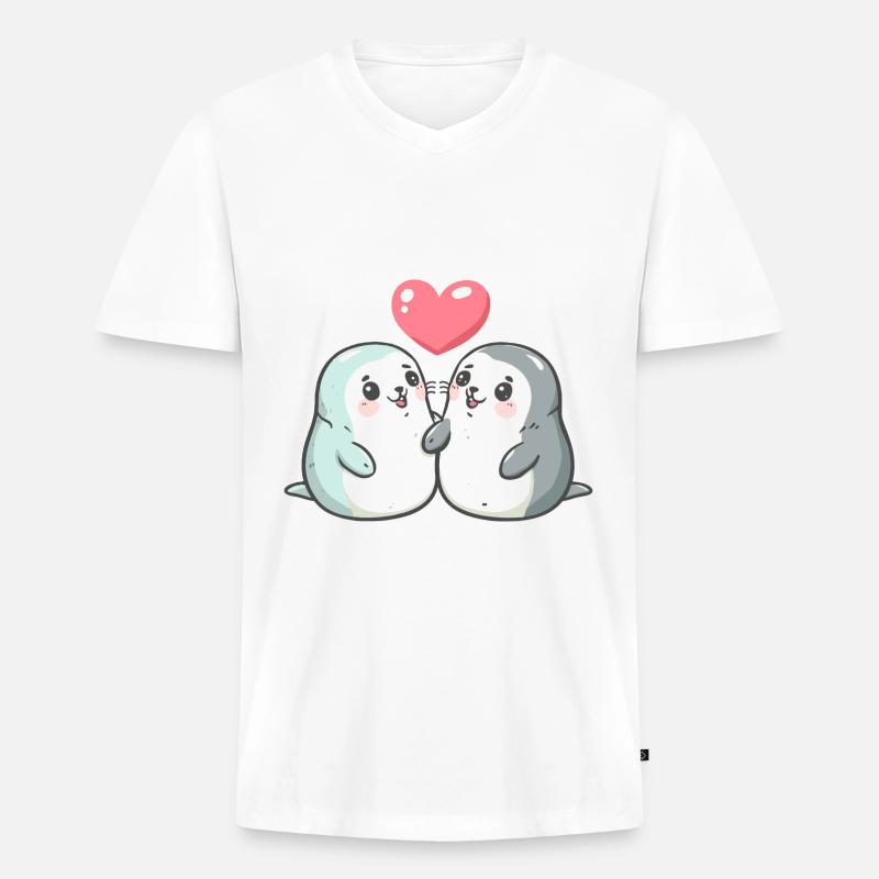 Robbe Tier Paar Liebe - Männer Premium Bio T-Shirt mit V-Ausschnitt - Weiß