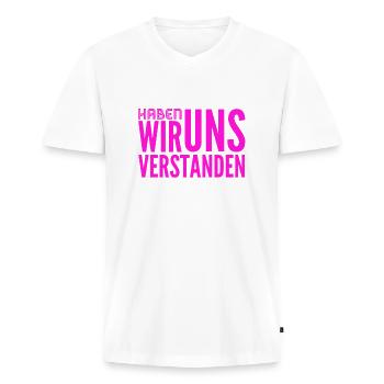 Hast du zugehört? - Männer Premium Bio T-Shirt mit V-Ausschnitt - Weiß - Vorne - Nico (187cm)