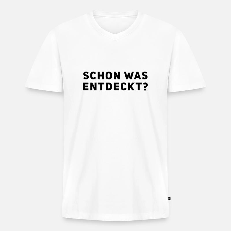 was kann man hier entdecken? - Männer Premium Bio T-Shirt mit V-Ausschnitt - Weiß