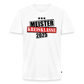 Meister Kreisklasse 2025 Aufstiegstrikot - Männer Premium Bio T-Shirt mit V-Ausschnitt - Weiß - Vorne - Nico (187cm)