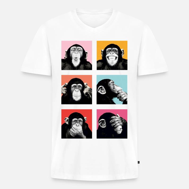 Pop-Art Affe Farbexplosion - Männer Premium Bio T-Shirt mit V-Ausschnitt - Weiß