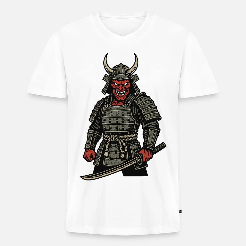 Oni Samurai - Dämonischer Krieger - Männer Premium Bio T-Shirt mit V-Ausschnitt - Weiß