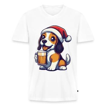 Beagle Chien Bière Noël Noël - T-shirt encolure en V Premium bio Homme - blanc - Devant - Nico (187cm)