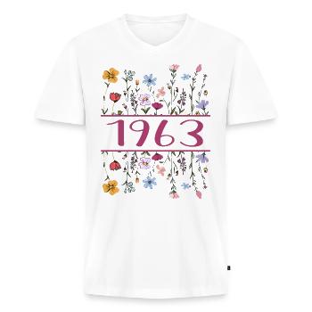 1963 Legendär Seit 1963 Geburtstag 1963 Frauen - Männer Premium Bio T-Shirt mit V-Ausschnitt - Weiß - Vorne - Nico (187cm)