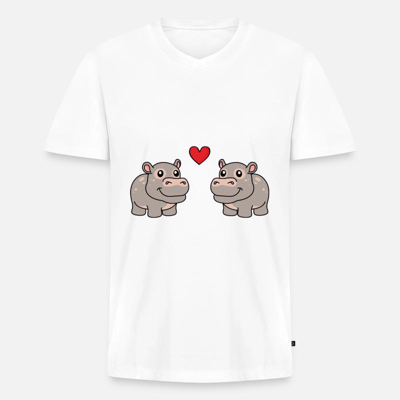 Nilpferd Comic Tier Paar Liebe - Männer Premium Bio T-Shirt mit V-Ausschnitt - Weiß