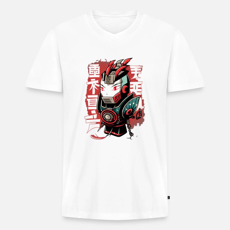 Kitsune Samurai Krieger Roboter - Männer Premium Bio T-Shirt mit V-Ausschnitt - Weiß