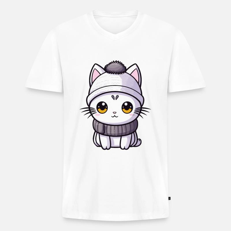 Katze Winter Comic - Männer Premium Bio T-Shirt mit V-Ausschnitt - Weiß