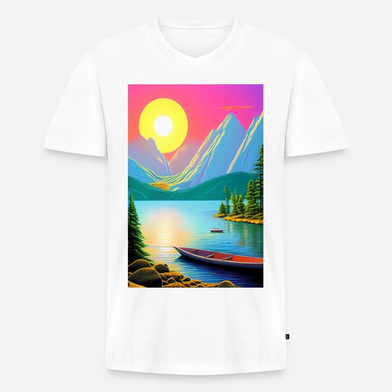 Landschaft mit See, Boot und Berge - Männer Premium Bio T-Shirt mit V-Ausschnitt - Weiß