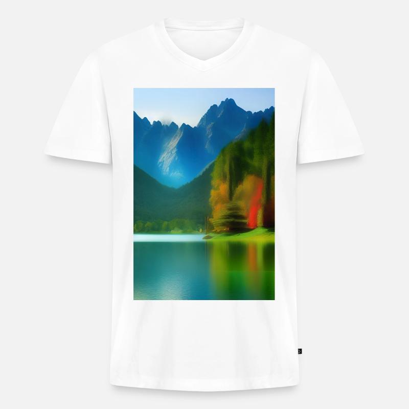 Landschaft mit See und Berge - Männer Premium Bio T-Shirt mit V-Ausschnitt - Weiß