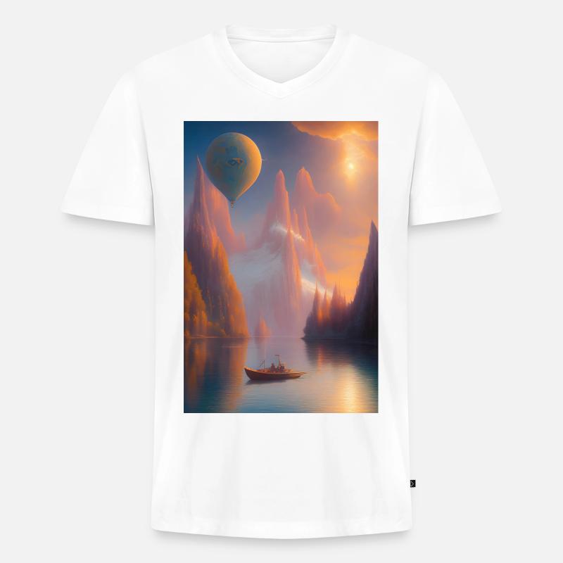 Landschaft mit See, Boot und Berge - Männer Premium Bio T-Shirt mit V-Ausschnitt - Weiß