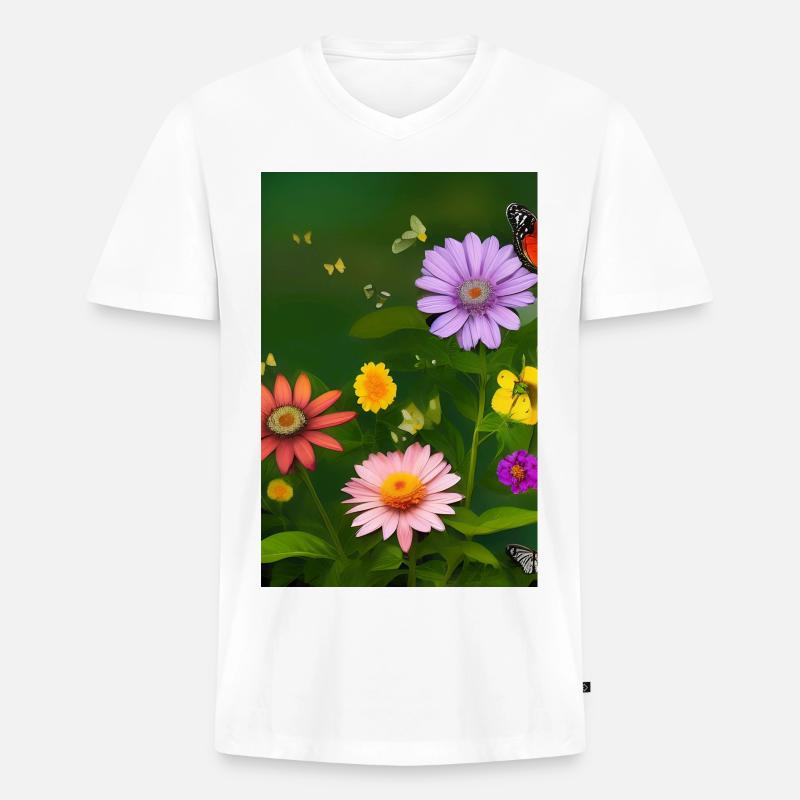 Blumen und Schmetterling - Männer Premium Bio T-Shirt mit V-Ausschnitt - Weiß