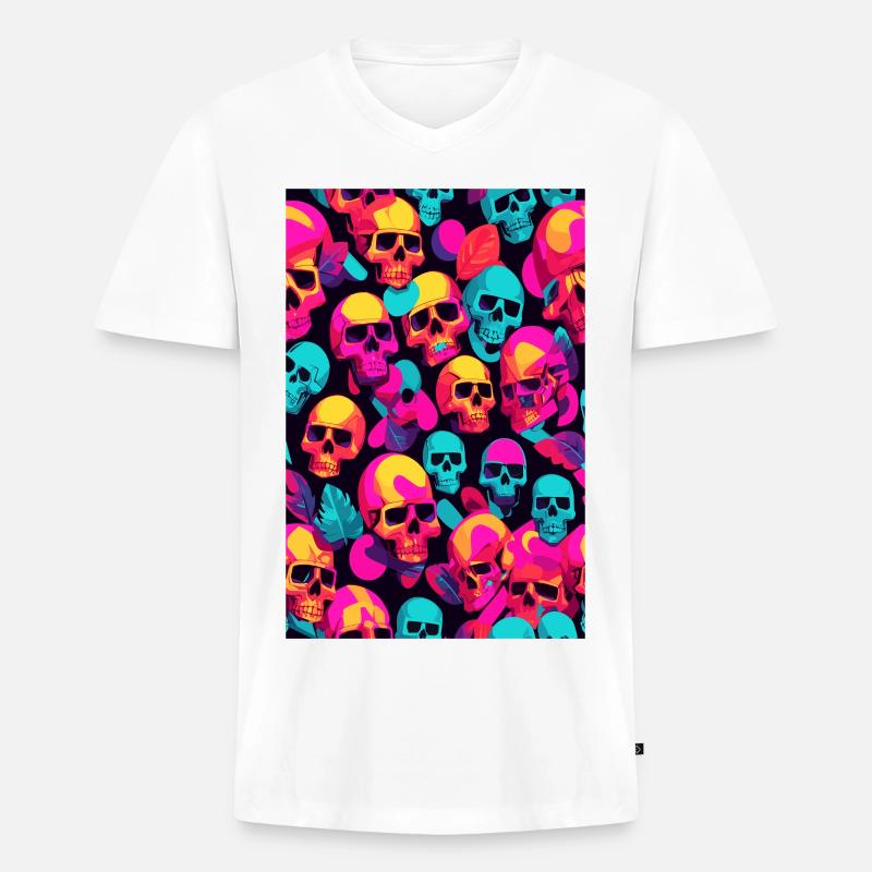 Neon Totenköpfe - Männer Premium Bio T-Shirt mit V-Ausschnitt - Weiß