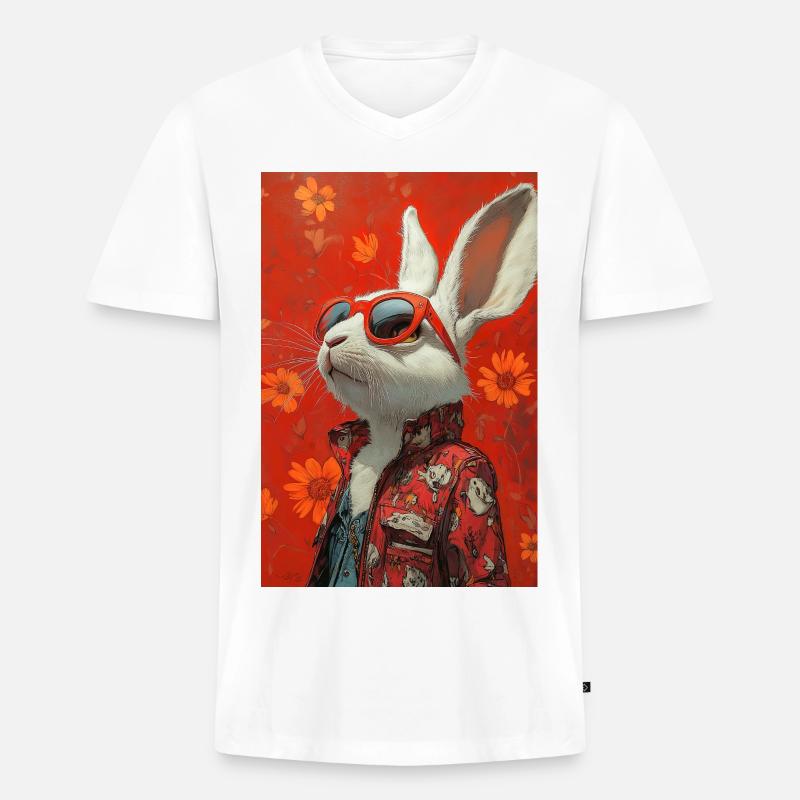 Roter Bunny mit Sonnenbrille - Männer Premium Bio T-Shirt mit V-Ausschnitt - Weiß
