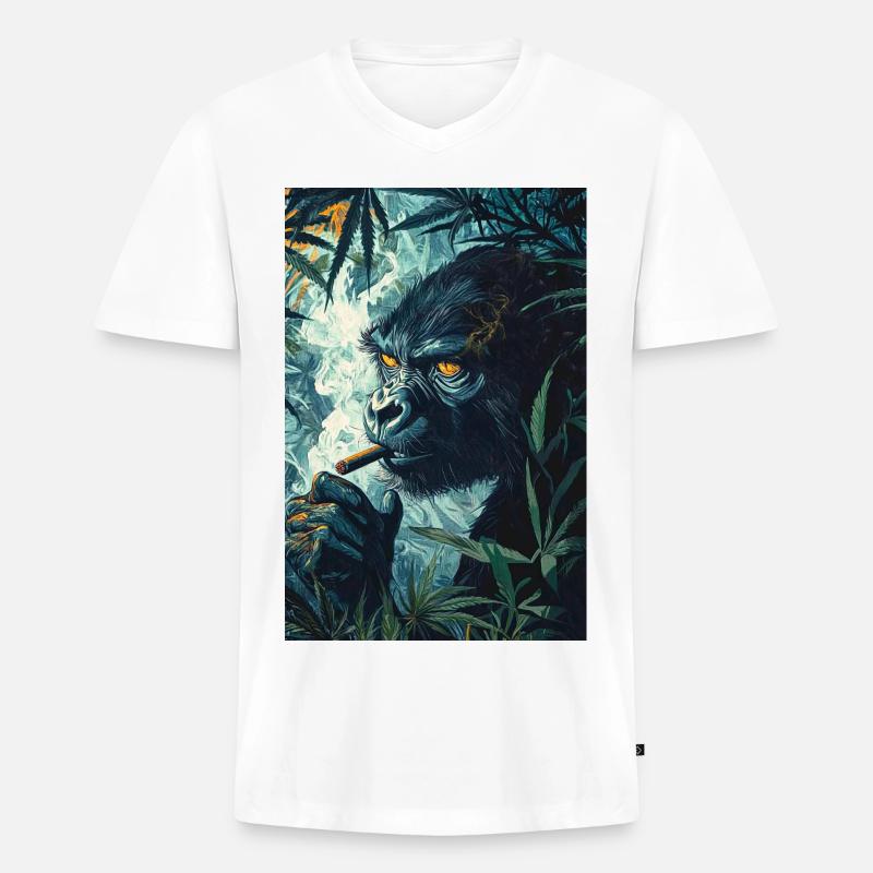 Dschungelgorilla mit Zigarettenrauch - Männer Premium Bio T-Shirt mit V-Ausschnitt - Weiß