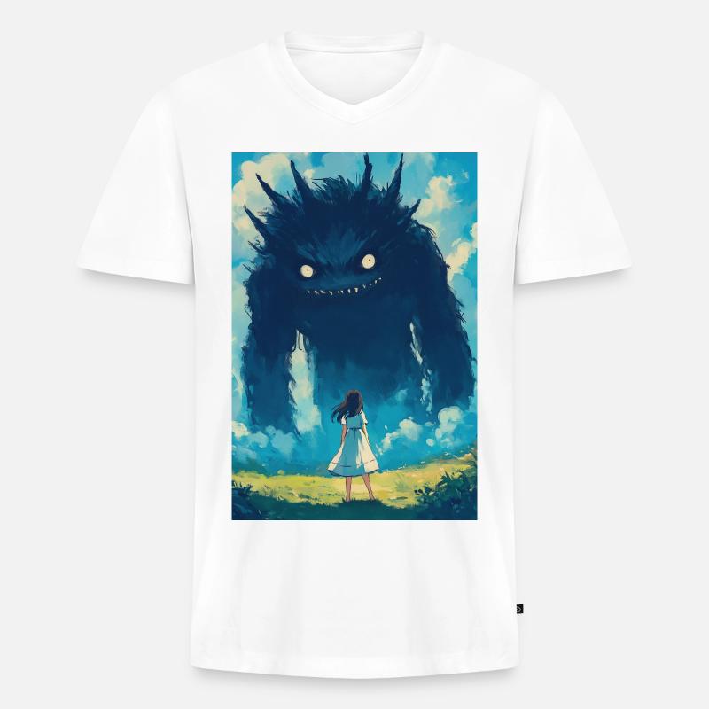 Ein Mädchen steht einem Monster gegenüber - Männer Premium Bio T-Shirt mit V-Ausschnitt - Weiß