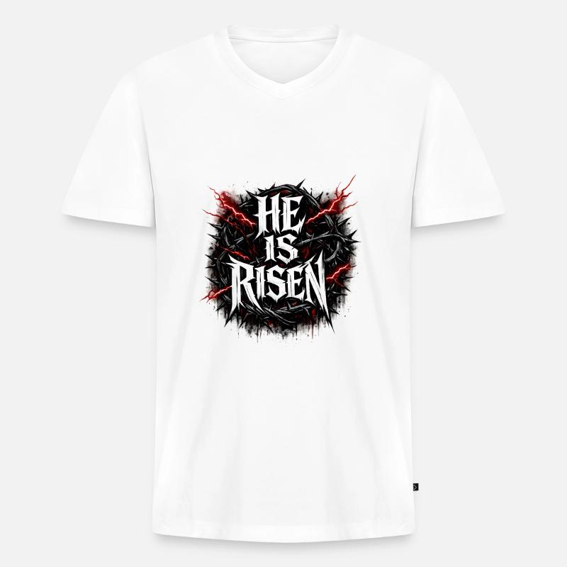 he is risen  - Männer Premium Bio T-Shirt mit V-Ausschnitt - Weiß