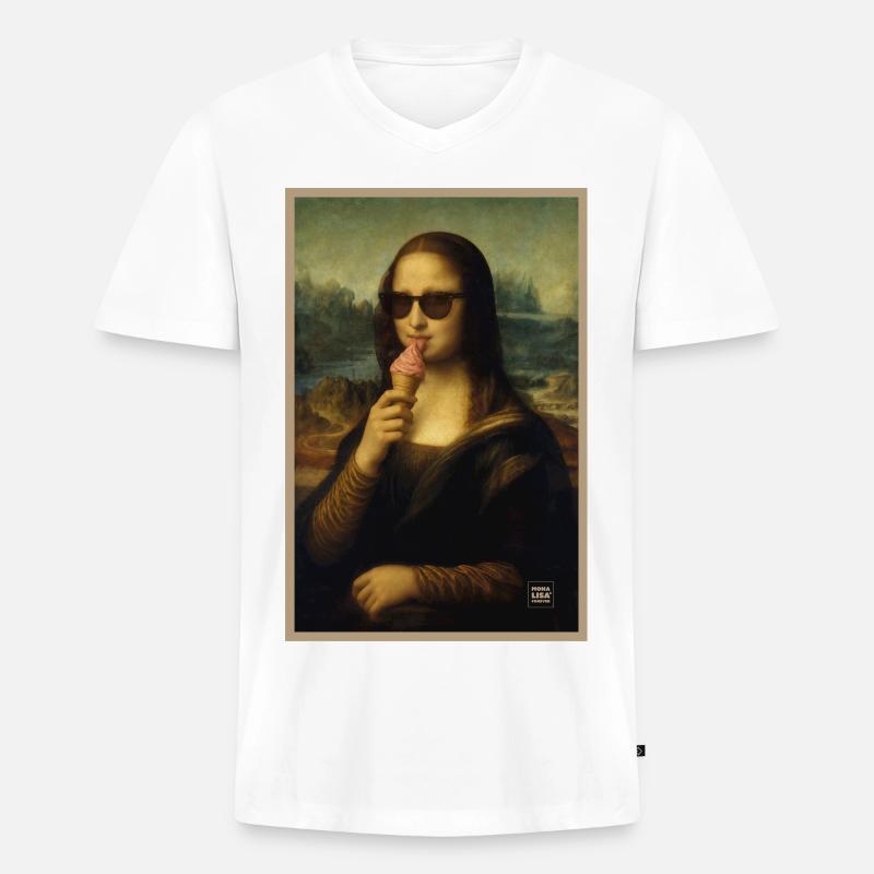 Mona Lisa leckt Eiscreme - Männer Premium Bio T-Shirt mit V-Ausschnitt - Weiß
