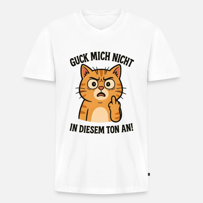 Morgenmuffel Katze mit Mittelfinger - Männer Premium Bio T-Shirt mit V-Ausschnitt - Weiß