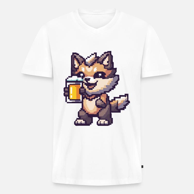Wolf Pixel Bier - Männer Premium Bio T-Shirt mit V-Ausschnitt - Weiß