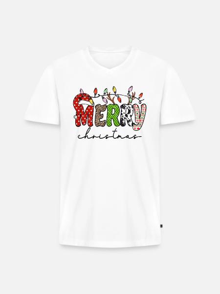 FROHE Weihnachten, Weihnachtsmannmütze - Männer Premium Bio T-Shirt mit V-Ausschnitt - Weiß