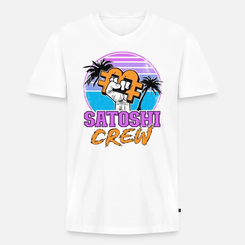 Satoshi Crew Retrowave Kryptowährungen Bitcoin - Männer Premium Bio T-Shirt mit V-Ausschnitt - Weiß