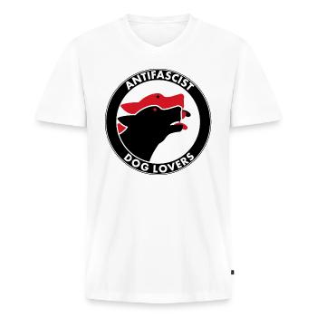 ANTIFASCISTISCHE HONDENLIEFHEBBER - Mannen Premium Bio T-shirt met V-hals - wit - Voor - Nico (187cm)