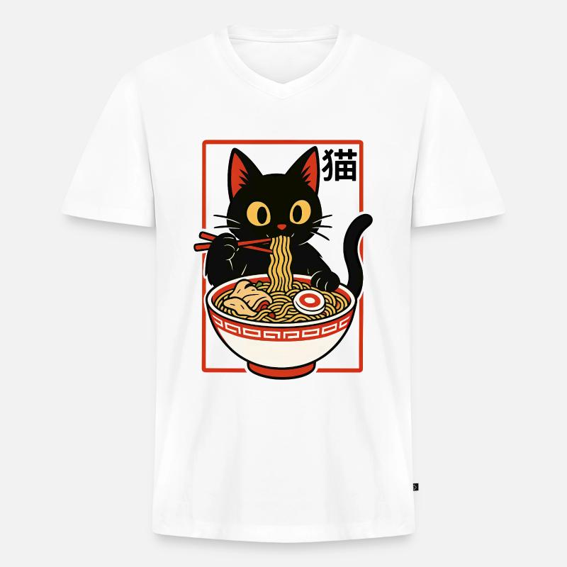Ramen Nudeln Katze - Männer Premium Bio T-Shirt mit V-Ausschnitt - Weiß