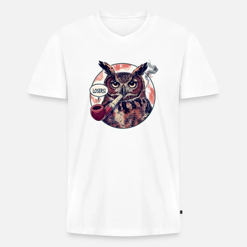 Eule mit Tabakpfeife sagt "Verlierer" - Männer Premium Bio T-Shirt mit V-Ausschnitt - Weiß