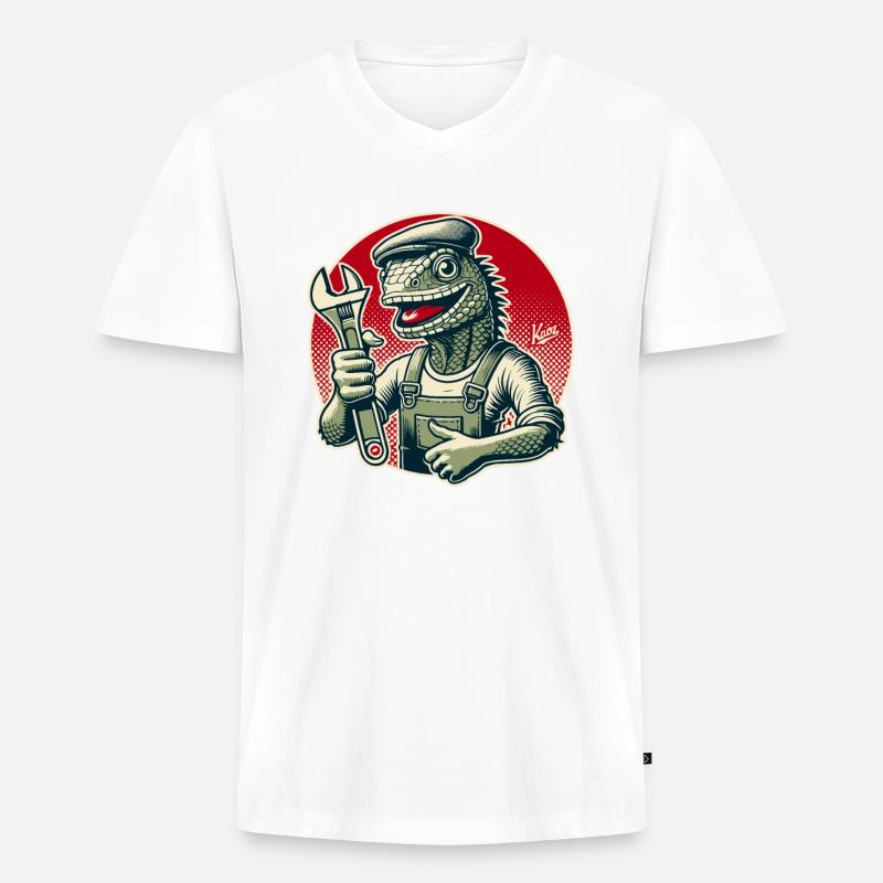 Handwerker-Eidechse mit Schraubenschlüssel - Männer Premium Bio T-Shirt mit V-Ausschnitt - Weiß