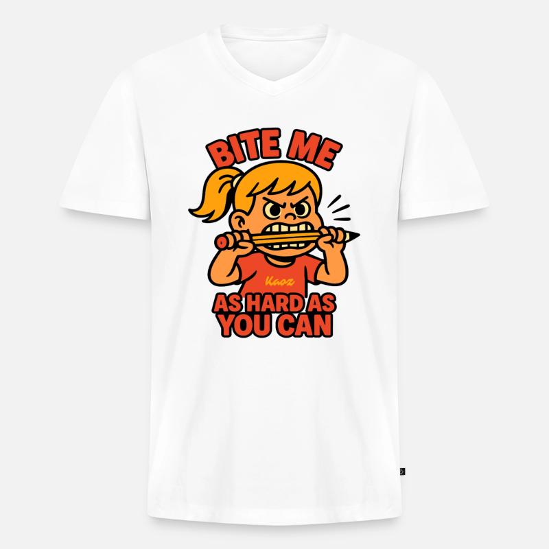 Beiß mich! Comic-Mädchen mit Wutanfall - Männer Premium Bio T-Shirt mit V-Ausschnitt - Weiß