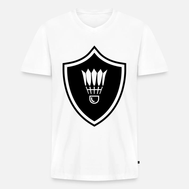 Badminton Wappen - Männer Premium Bio T-Shirt mit V-Ausschnitt - Weiß